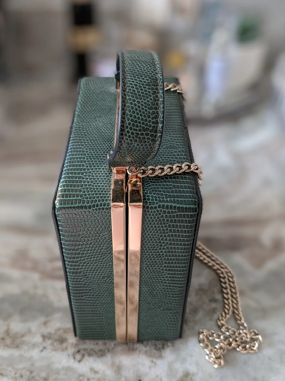 Topshop Dark Green Patchwork Box Satchel with Gold Chain